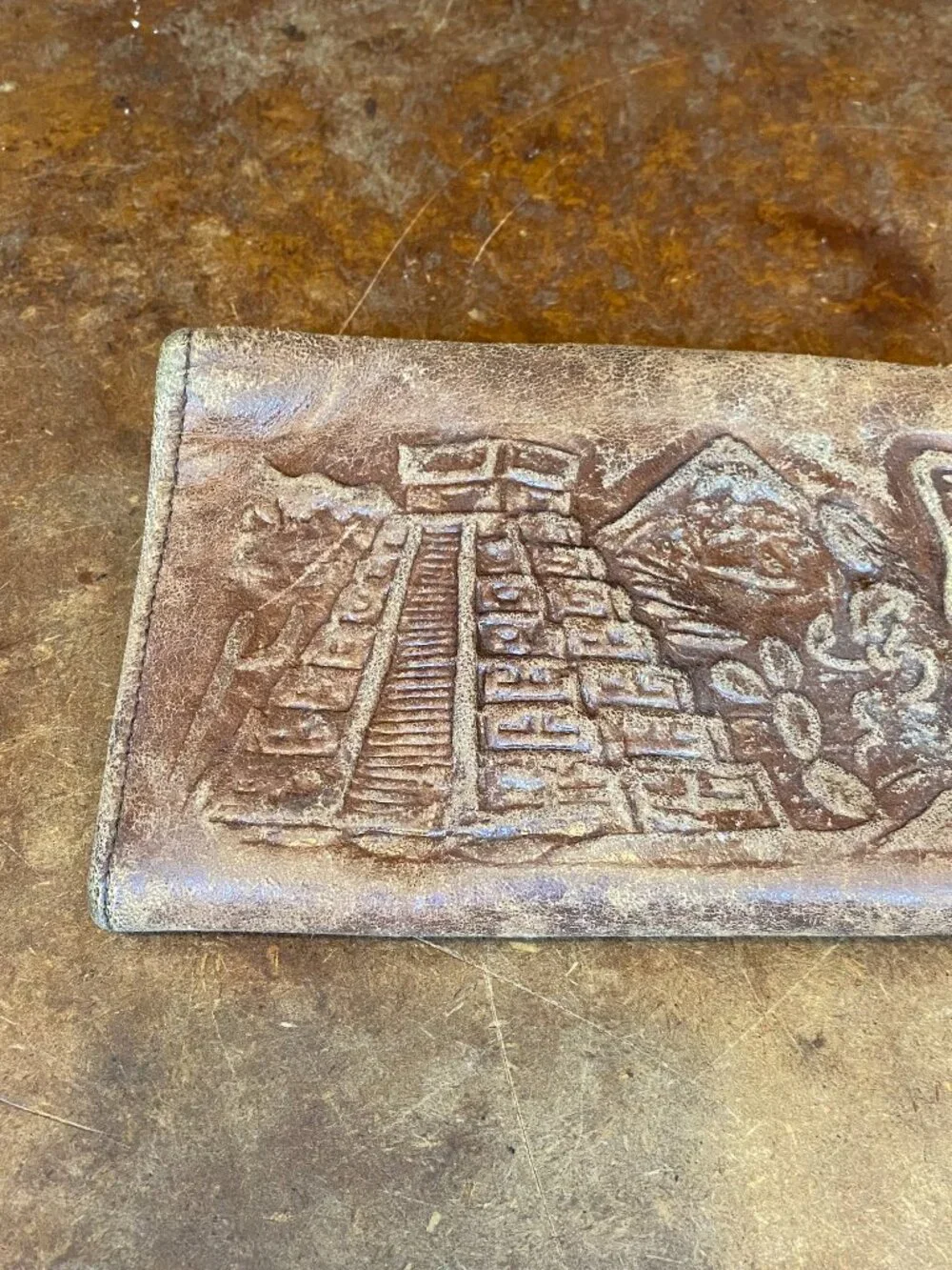 50s 60s Handmade Mexican Wallet Brown Leather Tooled Aztec Calendar Vintage